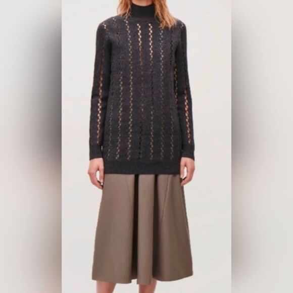 COS Cut-Out gray turtleneck Boiled Wool Tunic sweater crochet ribbed size S cozy - Picture 3 of 12